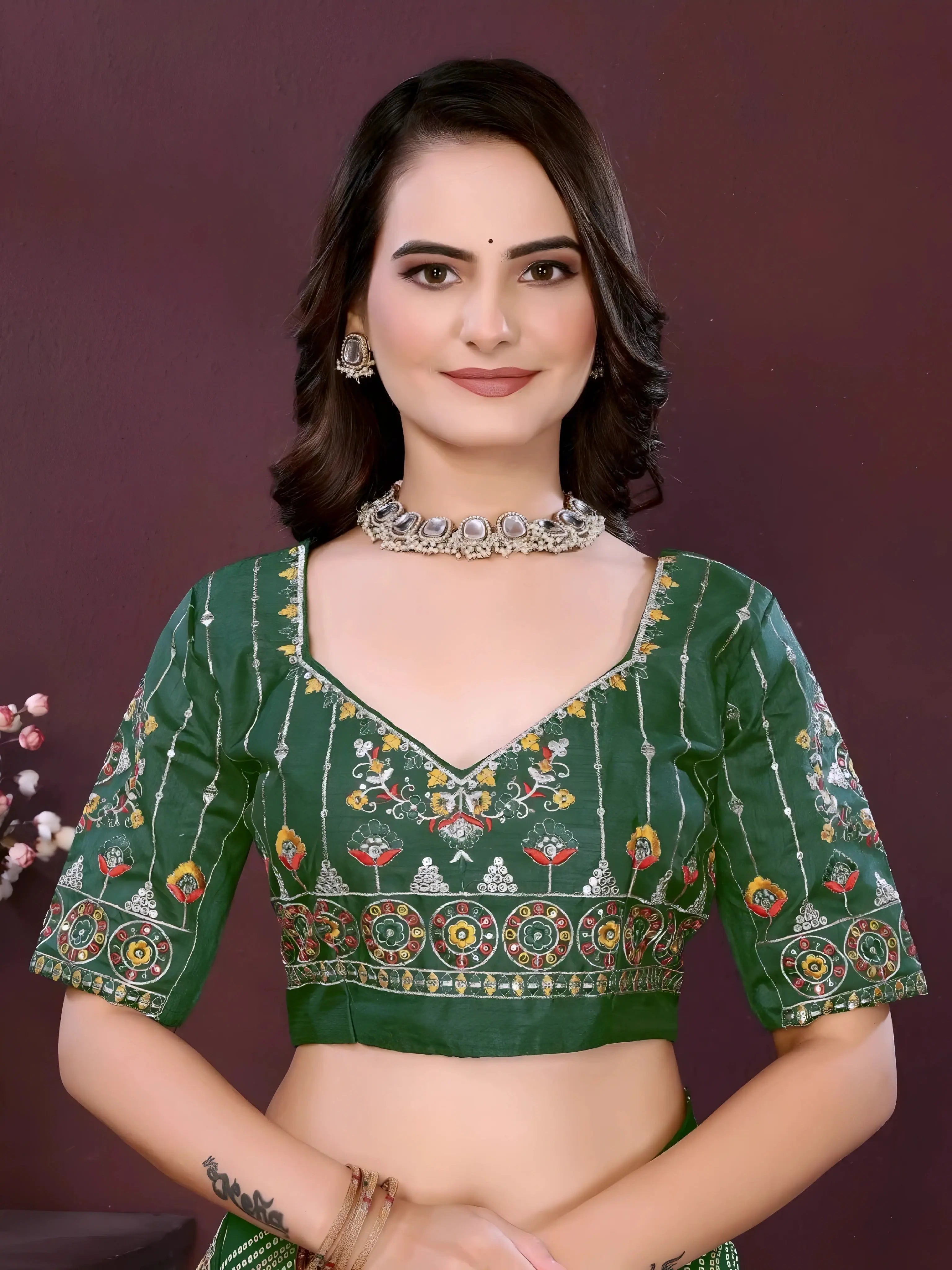 Dark Green Digital Print with Embroidery Work Georgette Saree